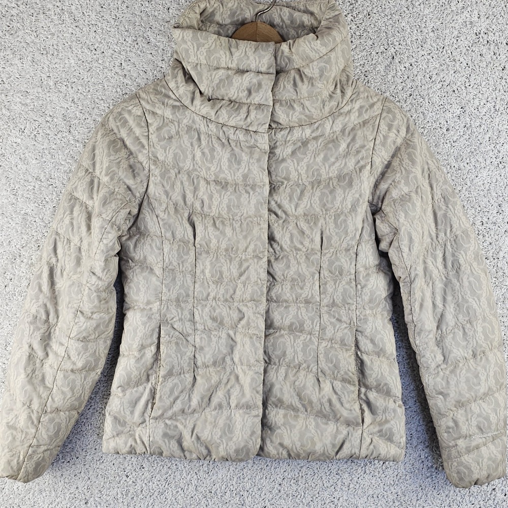 Eddie Bauer Goose Down Puffer Floral Lace Motif‎ Snap Full Zip Jacket Size Small